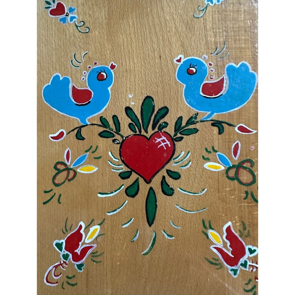 Vintage Hand Painted Wood Cutting Board Folk Art Blue Birds Heart Decorative